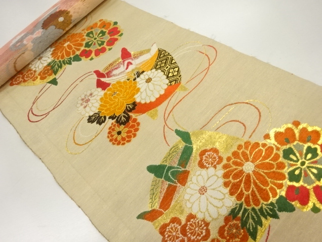 JAPANESE KIMONO / ANTIQUE OBIGAWA FOR MARU OBI / WOVEN SPOOL & FLOWERS